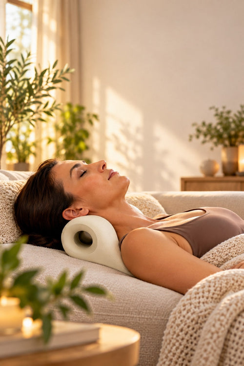 Woman relaxing on a sofa with her neck resting on the Nape&Co neck stretcher