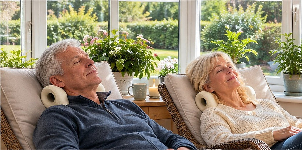 Older couple relaxing in a conservatory with neck stretchers