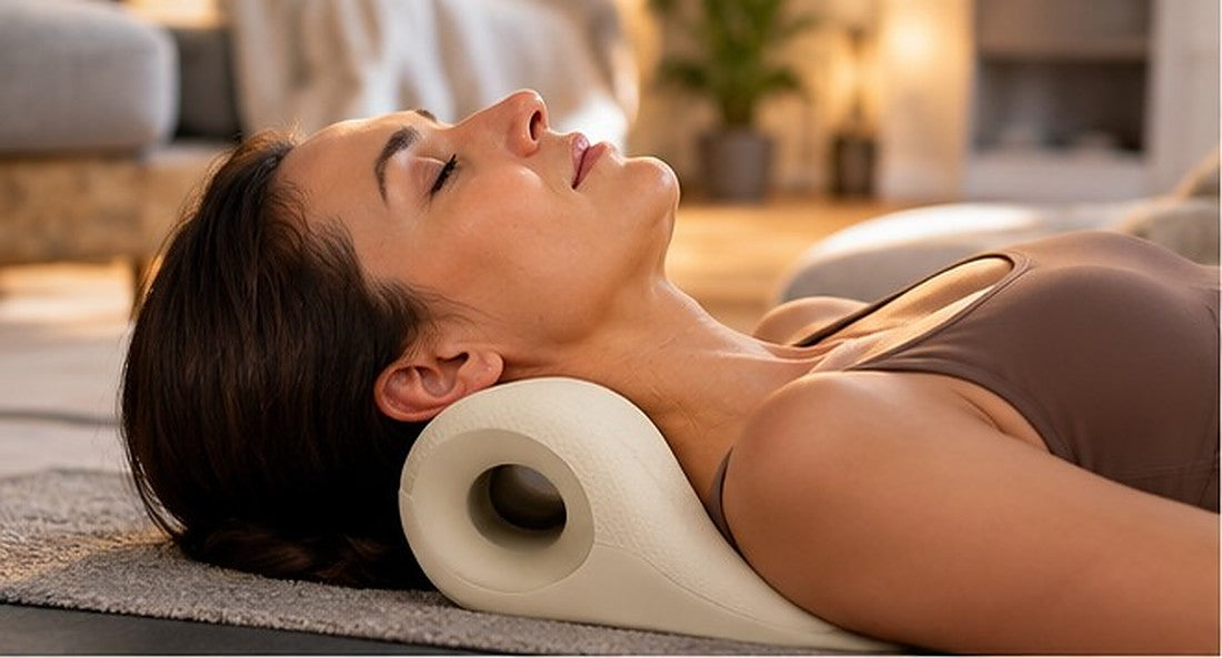 Woman lying on a mat with the neck stretcher under her neck