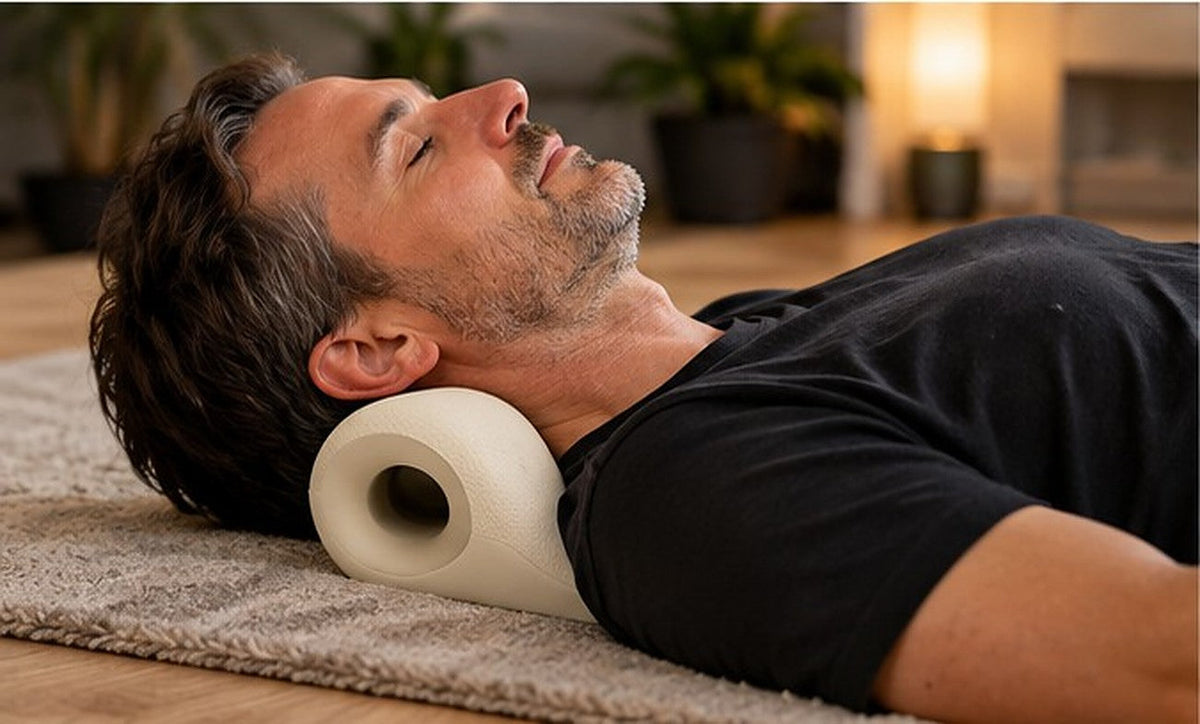 Man relaxing on a rug with the neck stretcher